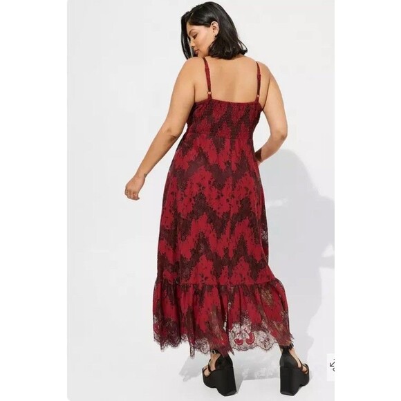 Torrid Red Black Smocked Floral Lace Tiered Midi Dress Whimsigoth Romantic 3X - Picture 2 of 12